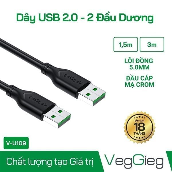 Cáp USB 2 đầu đực dài 1.5m VegGieg V-U109