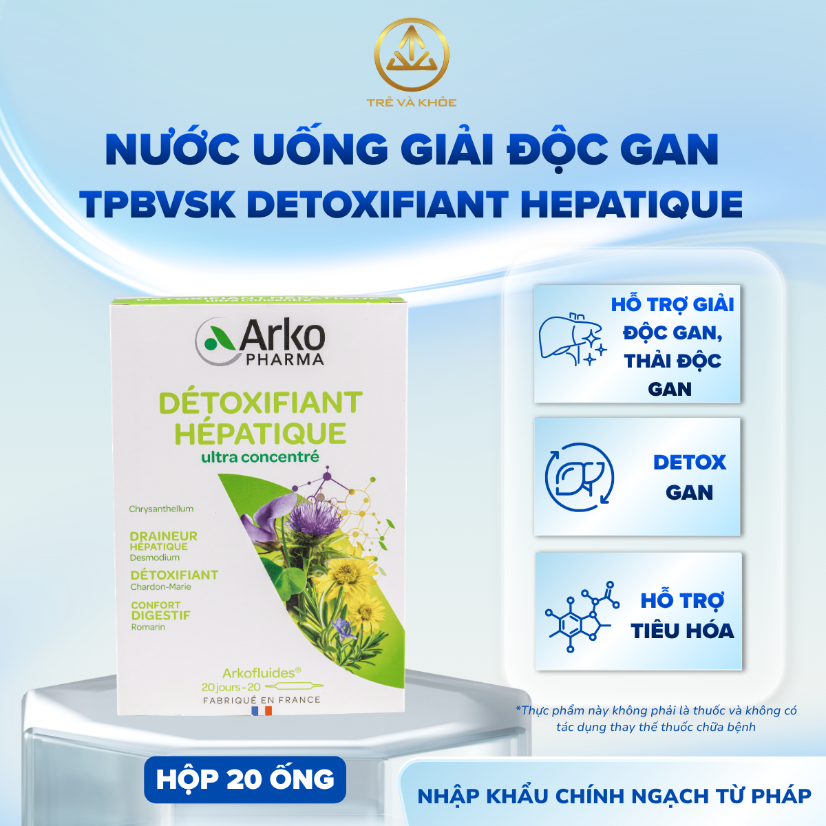  Nước uống giải độc gan Pháp Arkopharma giúp thải độc gan detox gan - TPBVSK Arkofluides Detoxifiant Hepatiqua (20 ống) 
