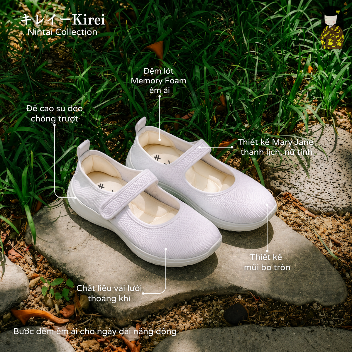  Giày búp bê nữ Kirei Nintai BG02 màu Trắng- Slip On nữ đi bộ 