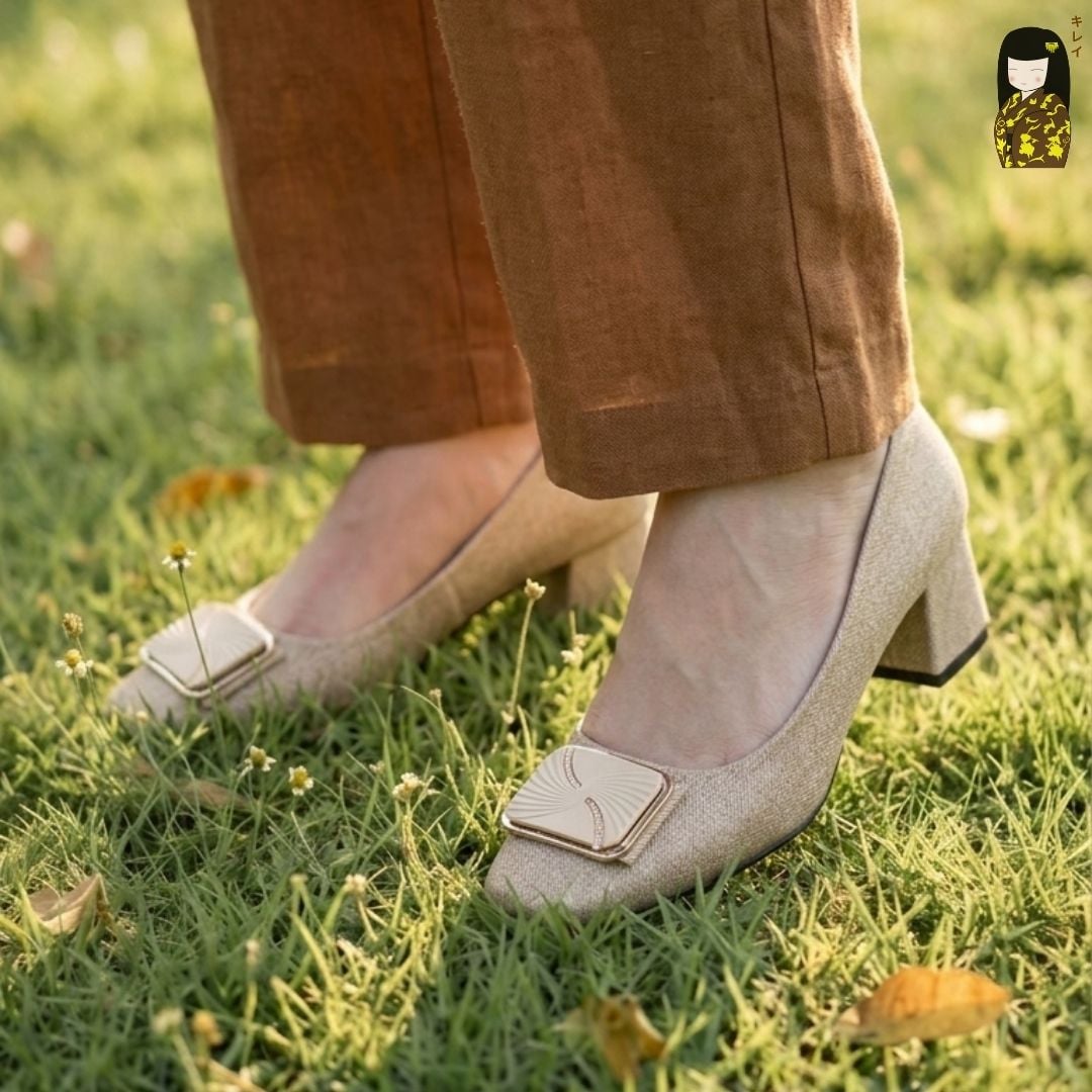  Giày Cao Gót Nữ Công Sở Kirei Kyōyō CP01 Khaki - Gót Vuông Êm Chân 