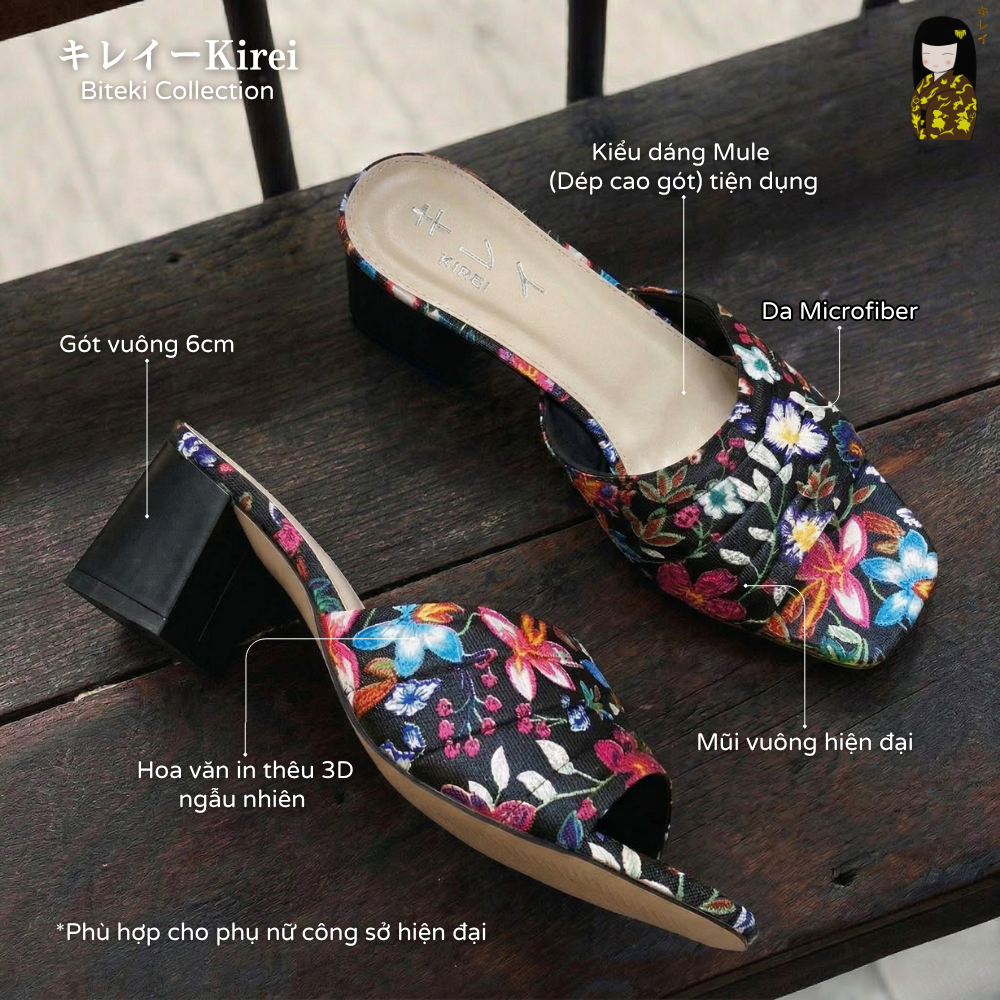  Dép cao gót nữ công sở Kirei Biteki CP07 màu Đen - Block heel êm chân 