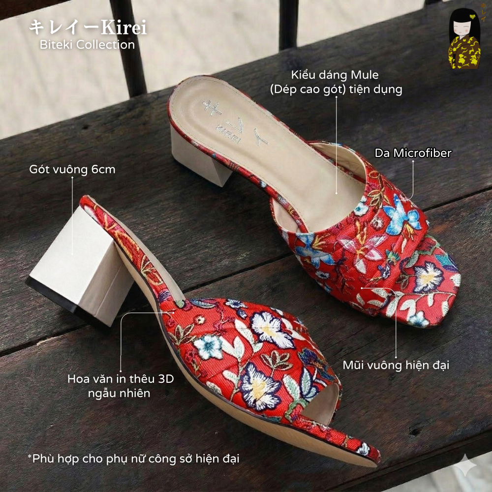  Dép cao gót nữ công sở Kirei Biteki CP07 màu Đỏ - Block heel êm chân 