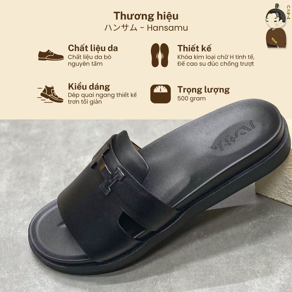  Dép Sục Nam Da Bò Hansamu Rõnin DGD22 màu Đen 