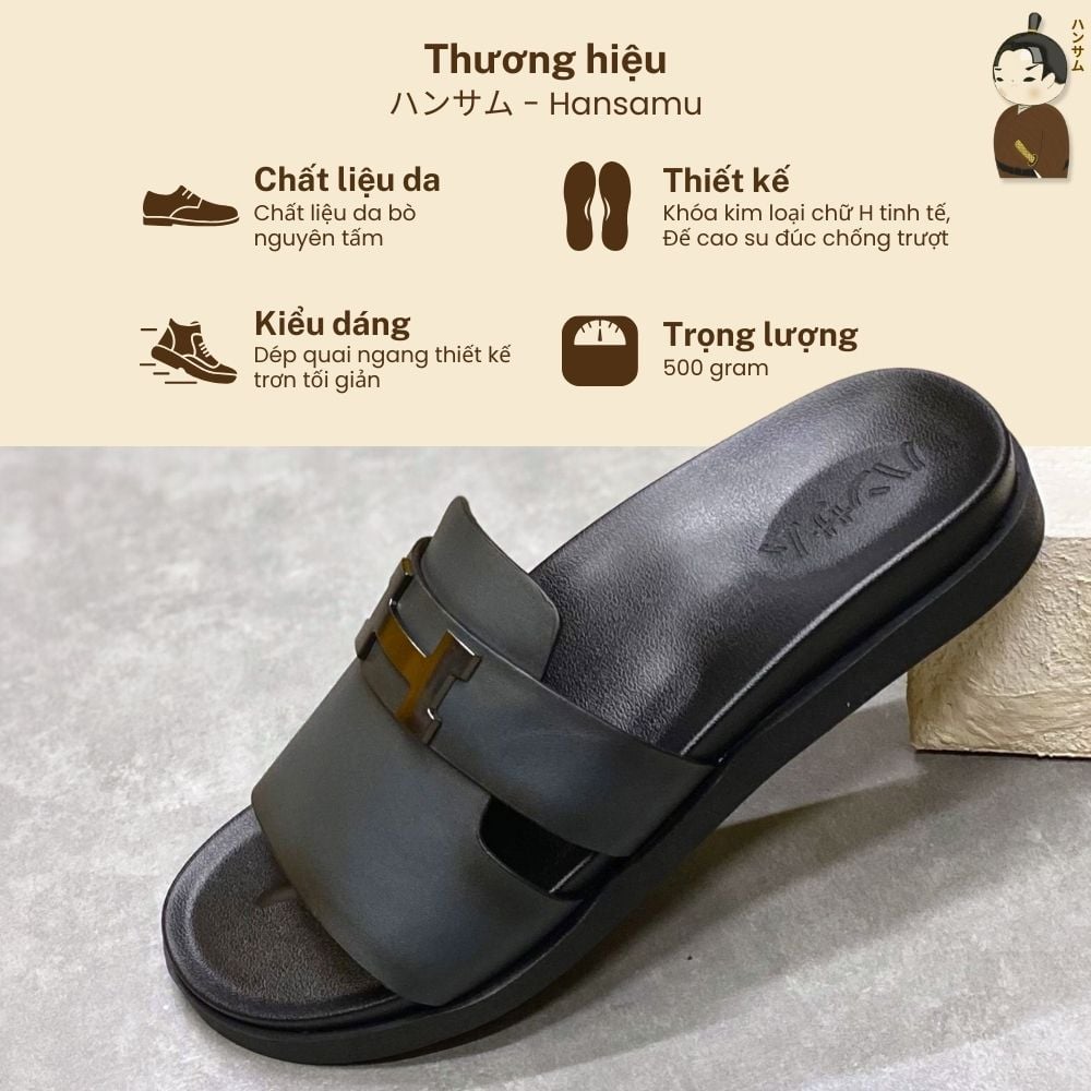 Dép Sục Nam Da Bò Hansamu Rõnin DGD22 màu Xám Xanh 