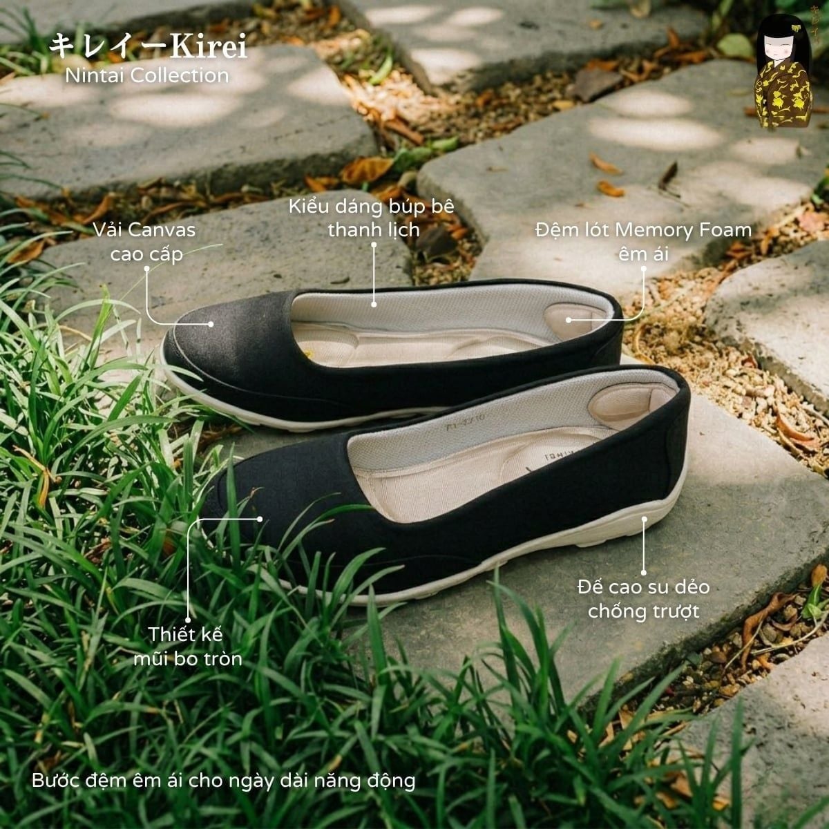  Giày búp bê thể thao nữ Kirei Nintai KH01 màu Đen - Slip On nữ êm chân 