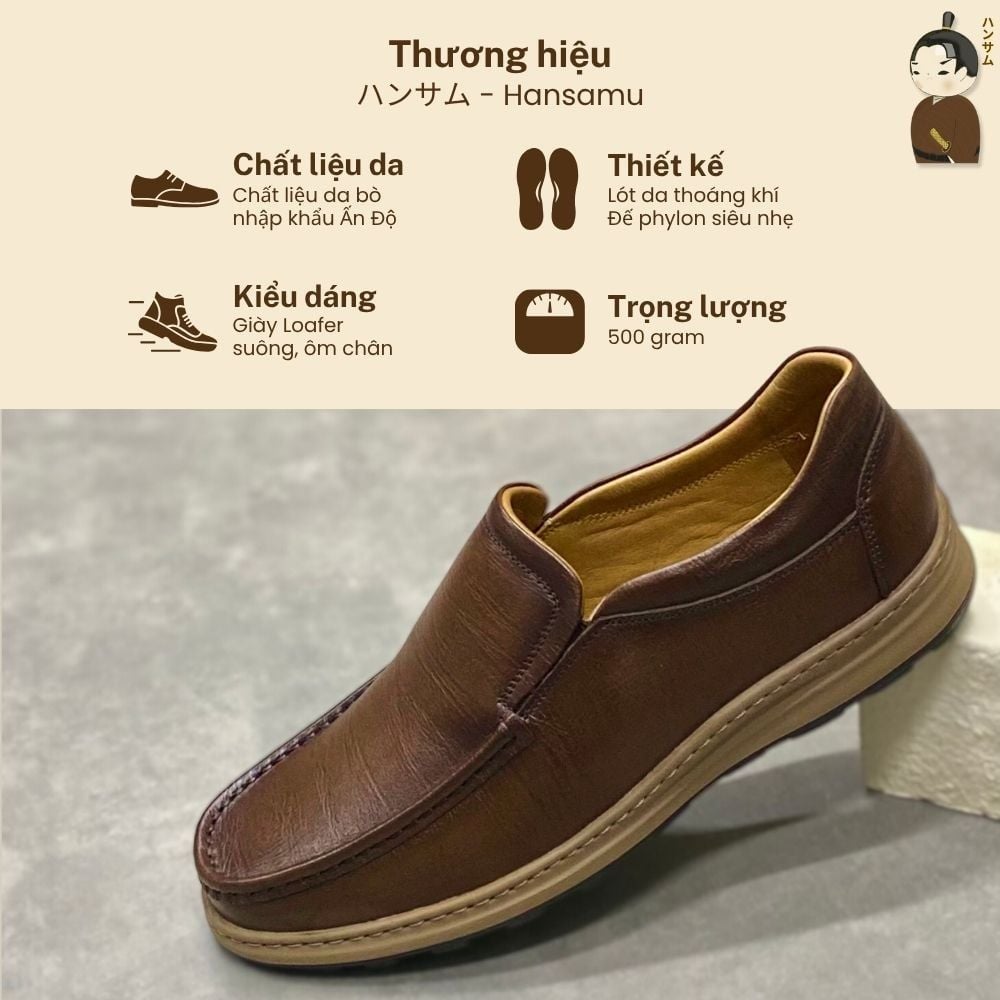  Giày Loafer Nam Công Sở Hansamu Zen DGD03 Nâu - Da Bò, Đế Phylon Siêu Nhẹ 