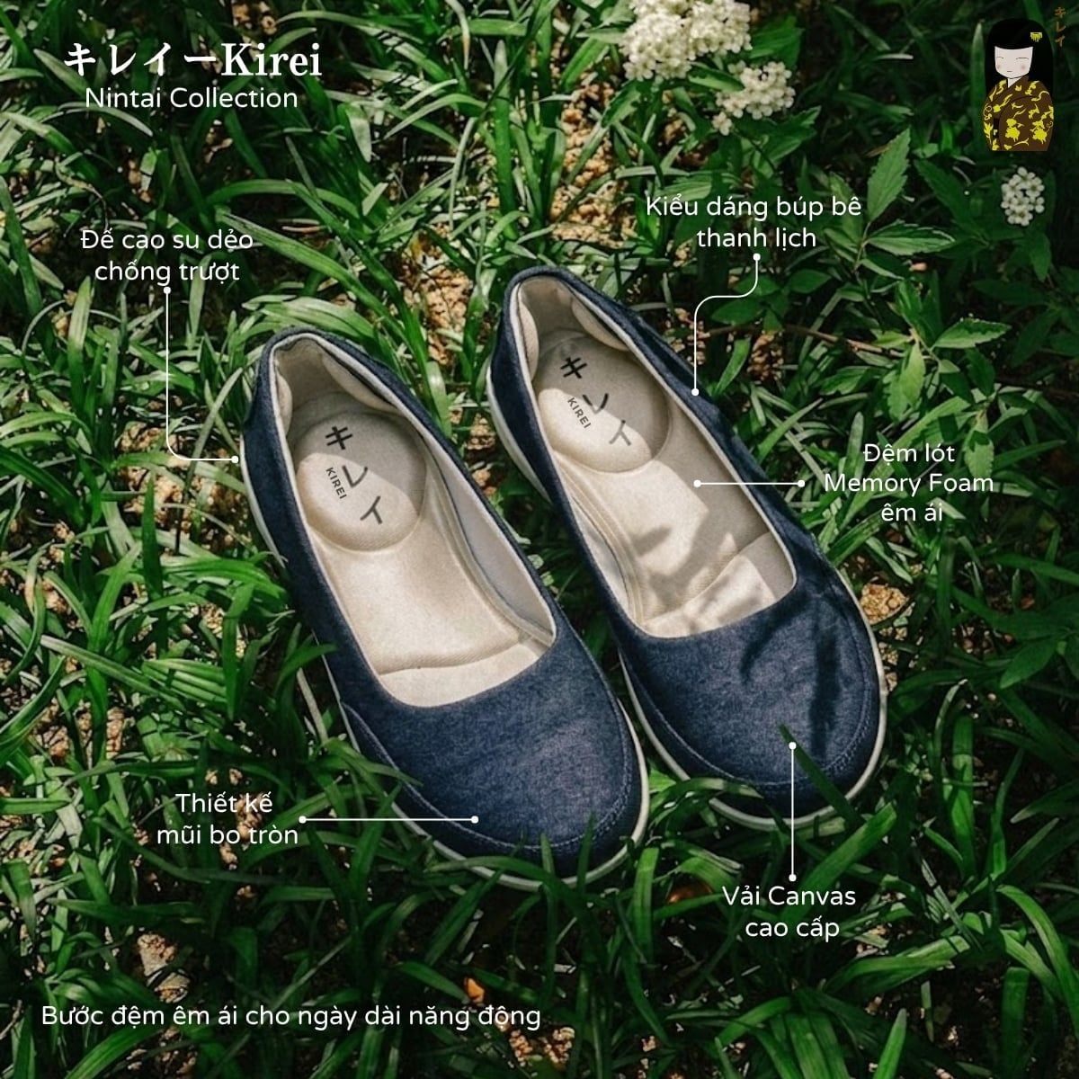  Giày búp bê thể thao nữ Kirei Nintai KH01 màu Xanh - Slip On nữ êm chân 