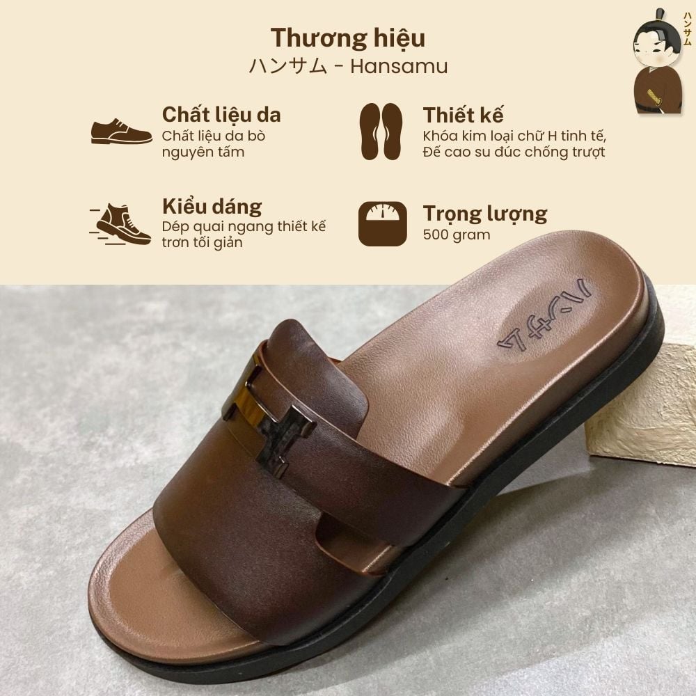  Dép Sục Nam Da Bò Hansamu Rõnin DGD22 màu Nâu 