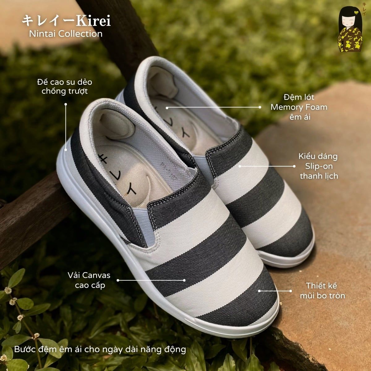  Giày búp bê nữ Kirei Nintai KH02 màu Trắng Xám - Slip On nữ đi bộ 