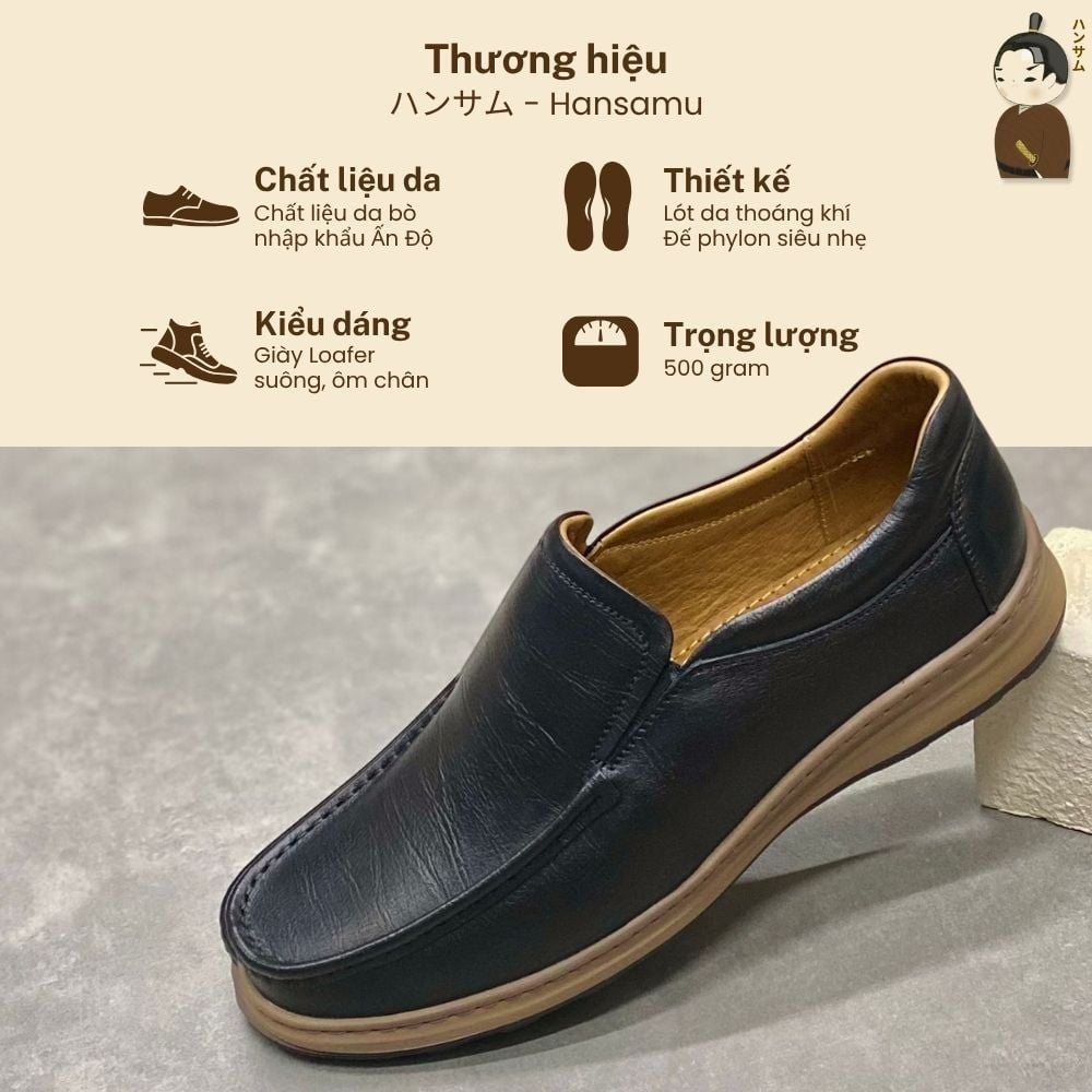  Giày Loafer Nam Công Sở Hansamu Zen DGD03 Đen - Da Bò, Đế Phylon Siêu Nhẹ 