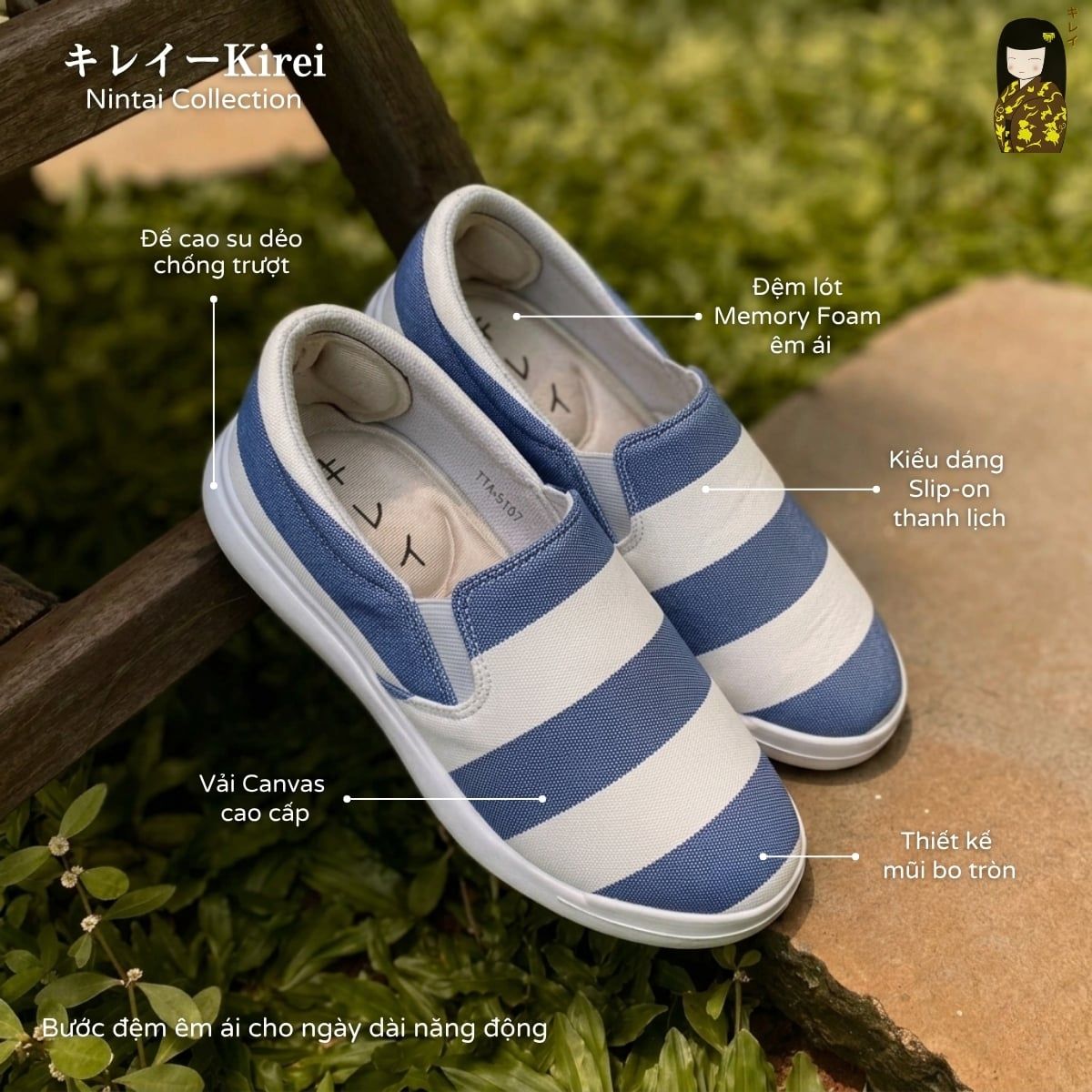  Giày búp bê nữ Kirei Nintai KH02 màu Trắng Xanh - Slip On nữ đi bộ 