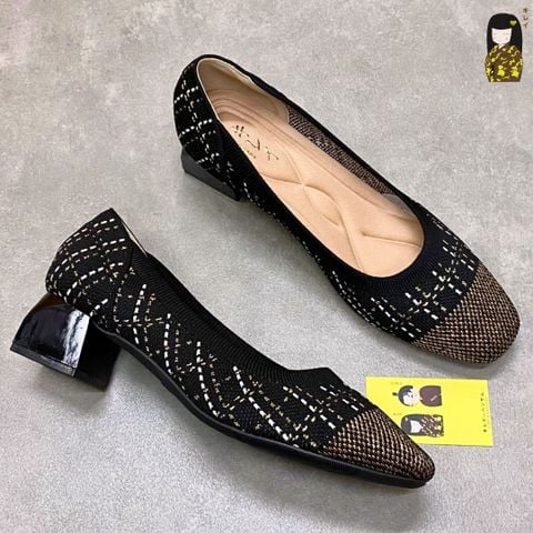 Giày Cao Gót Nữ Công Sở Kirei Kyōyō BG13 Black – Vải Dệt Kim Thoáng Khí, Gót Vuông Êm Chân