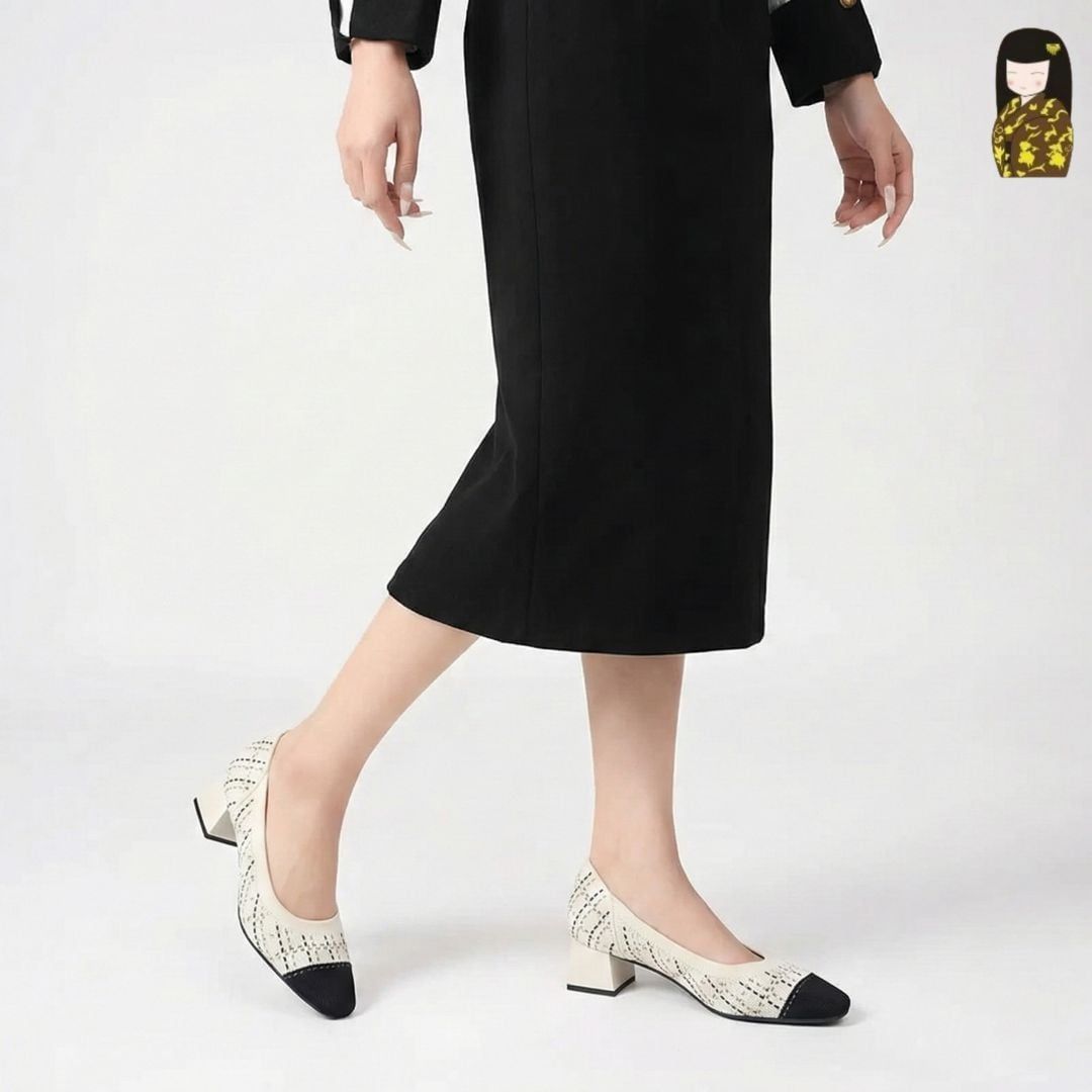  Giày Cao Gót Nữ Công Sở Kirei Kyōyō BG13 Cream – Vải Dệt Kim Thoáng Khí, Gót Vuông Êm Chân 