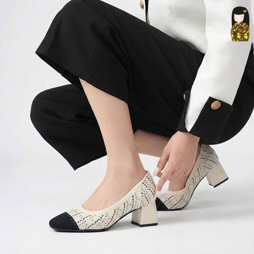  Giày Cao Gót Nữ Công Sở Kirei Kyōyō BG13 Cream – Vải Dệt Kim Thoáng Khí, Gót Vuông Êm Chân 