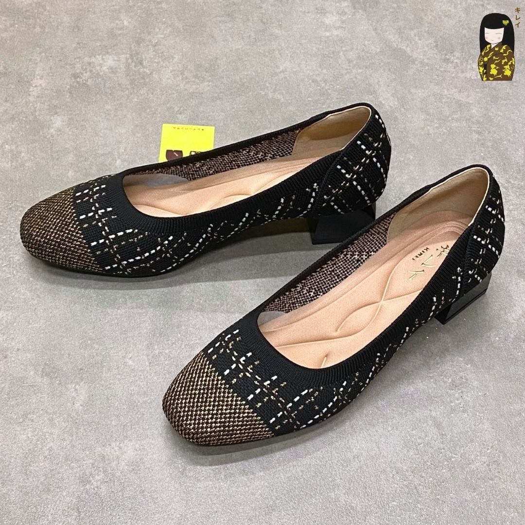  Giày Cao Gót Nữ Công Sở Kirei Kyōyō BG13 Black – Vải Dệt Kim Thoáng Khí, Gót Vuông Êm Chân 