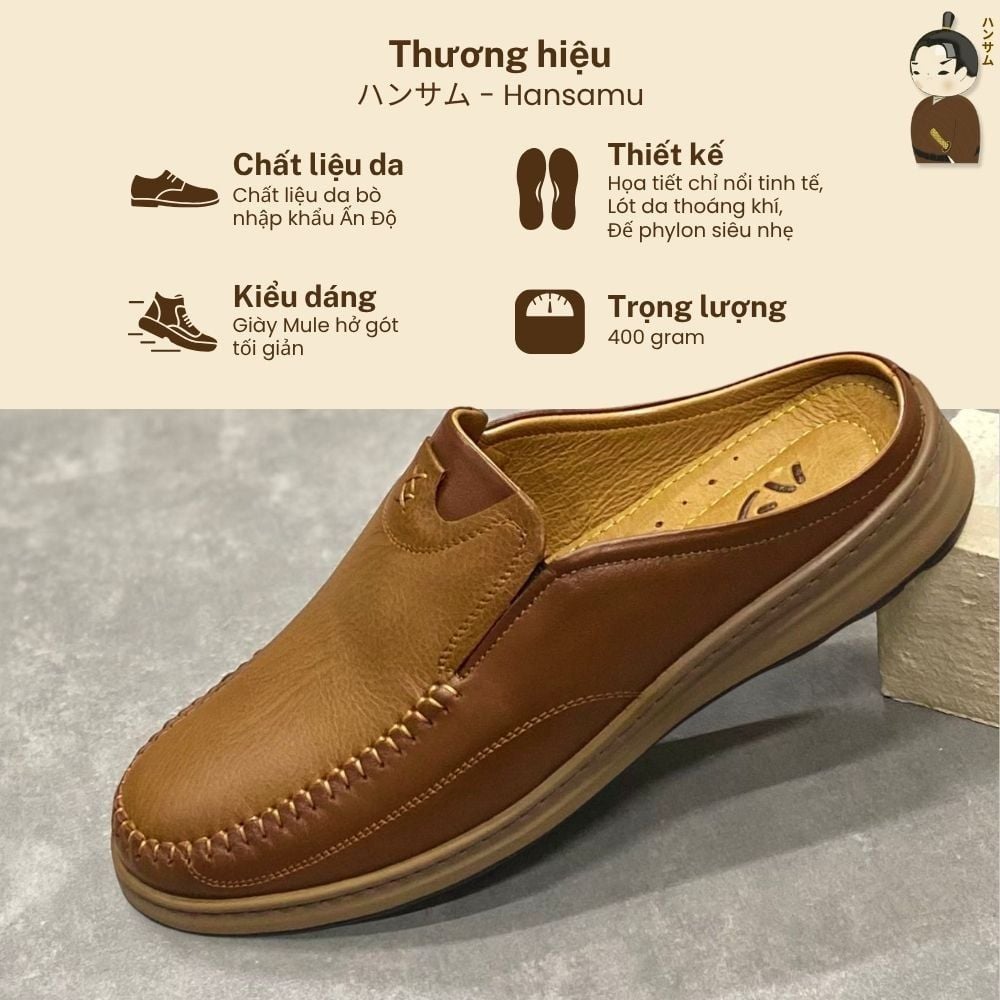  Dép Sục Nam Da Bò Hansamu Rõnin DGD11 màu Caramel - V1 