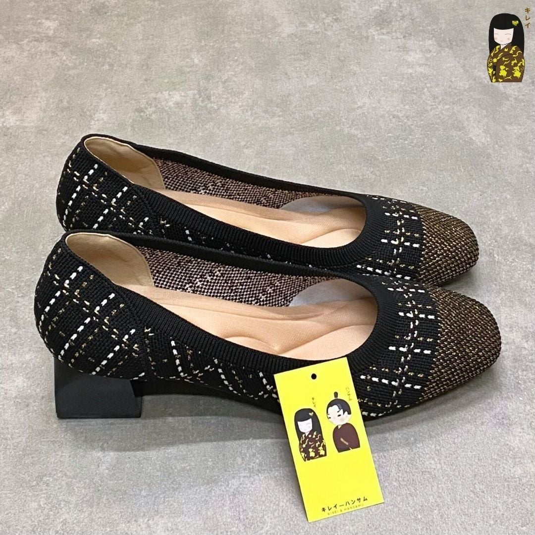  Giày Cao Gót Nữ Công Sở Kirei Kyōyō BG13 Black – Vải Dệt Kim Thoáng Khí, Gót Vuông Êm Chân 