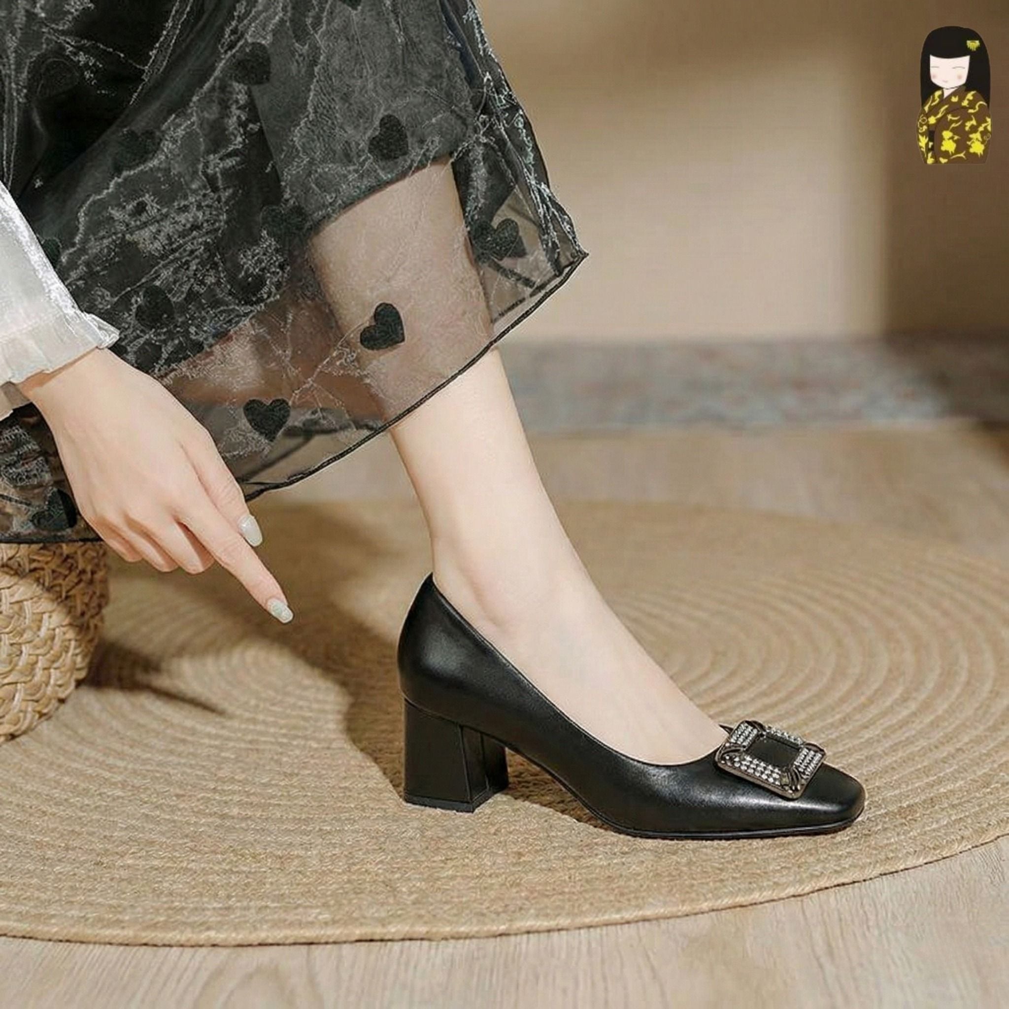  Giày Cao Gót Nữ Công Sở Kirei K-yōyō CP08 Đen - Gót Vuông Êm Chân 