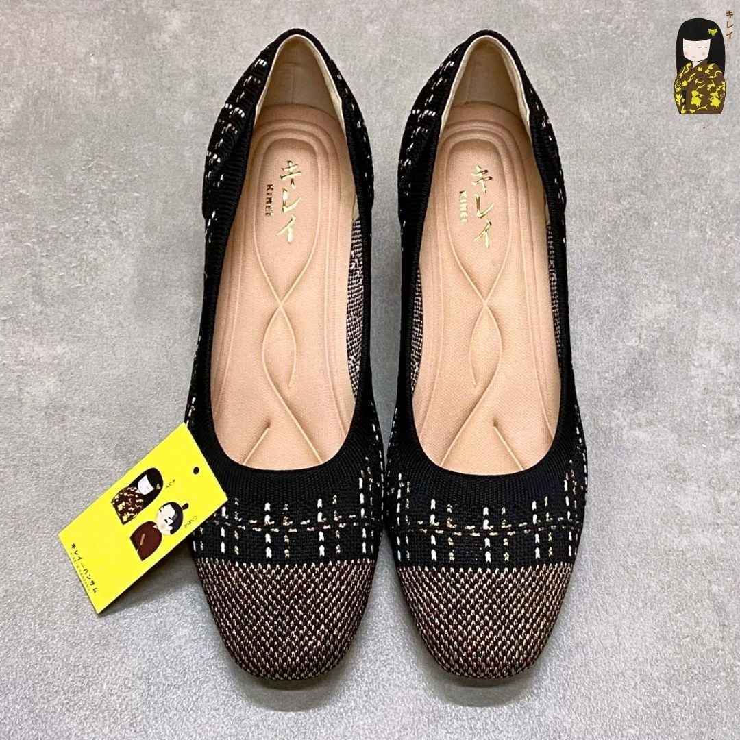  Giày Cao Gót Nữ Công Sở Kirei Kyōyō BG13 Black – Vải Dệt Kim Thoáng Khí, Gót Vuông Êm Chân 