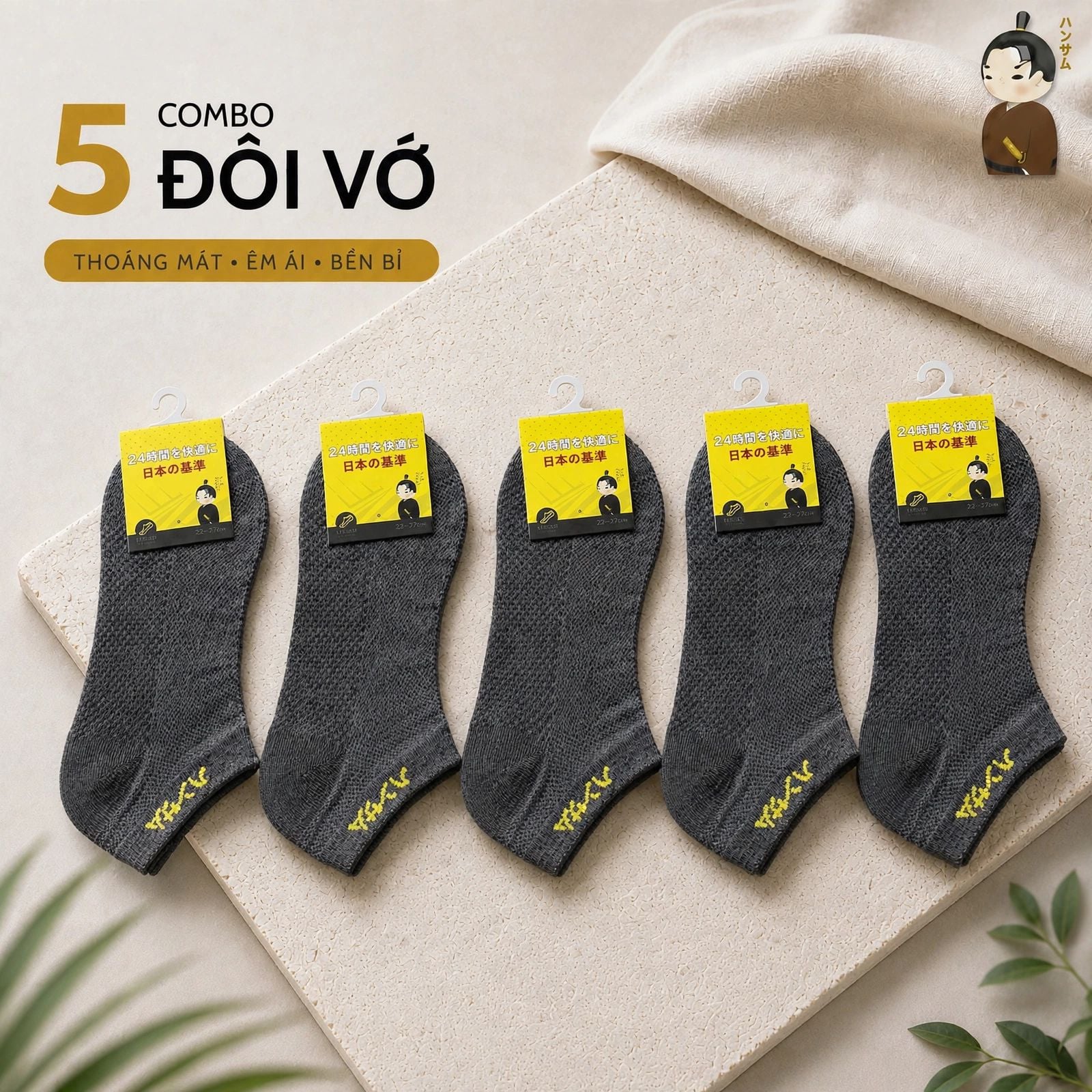  [Combo 5 đôi] Vớ Hansamu Shinobi active sock VNS01 D.Grey 