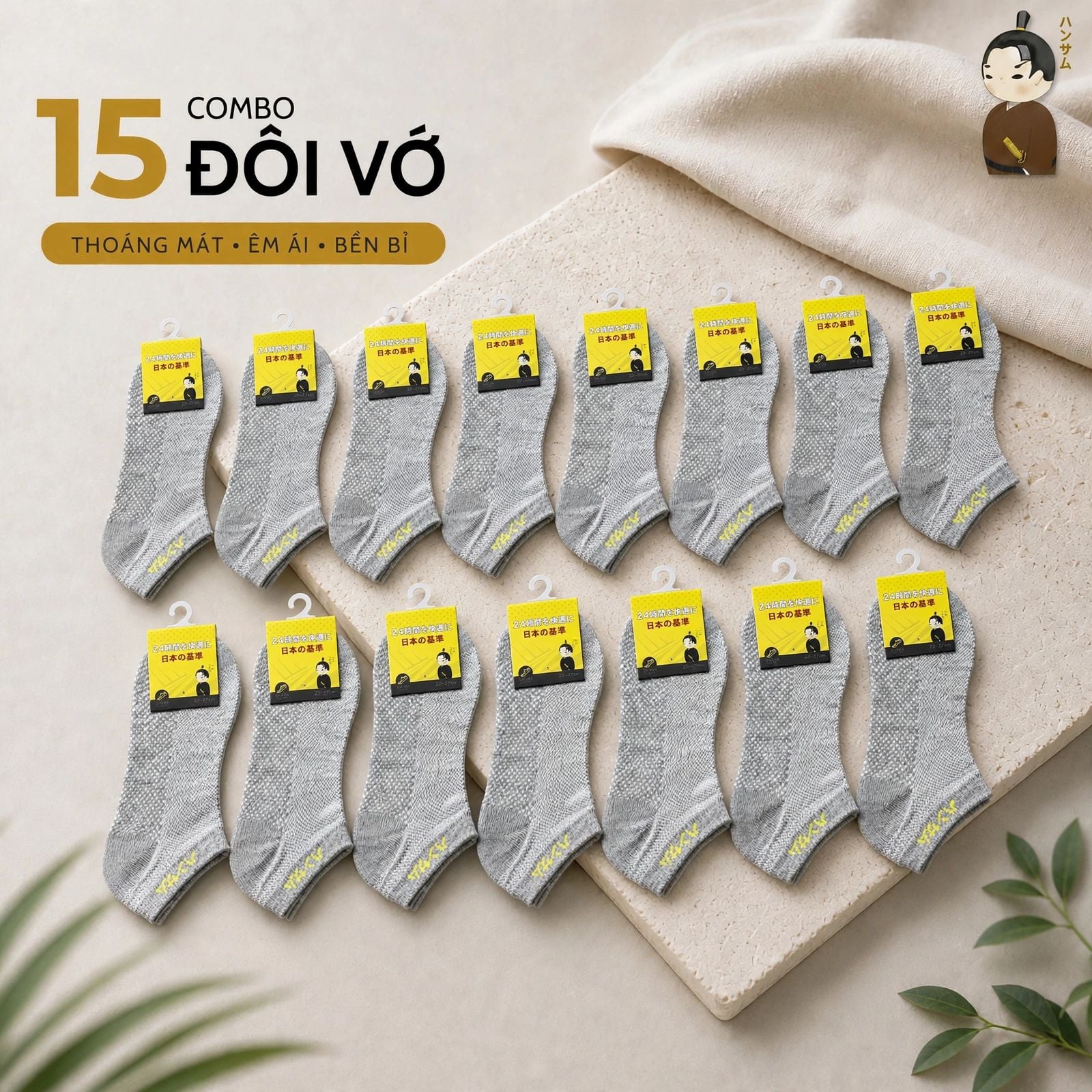  [Combo 15 đôi] Vớ Hansamu Shinobi active sock VNS01 L.Grey 