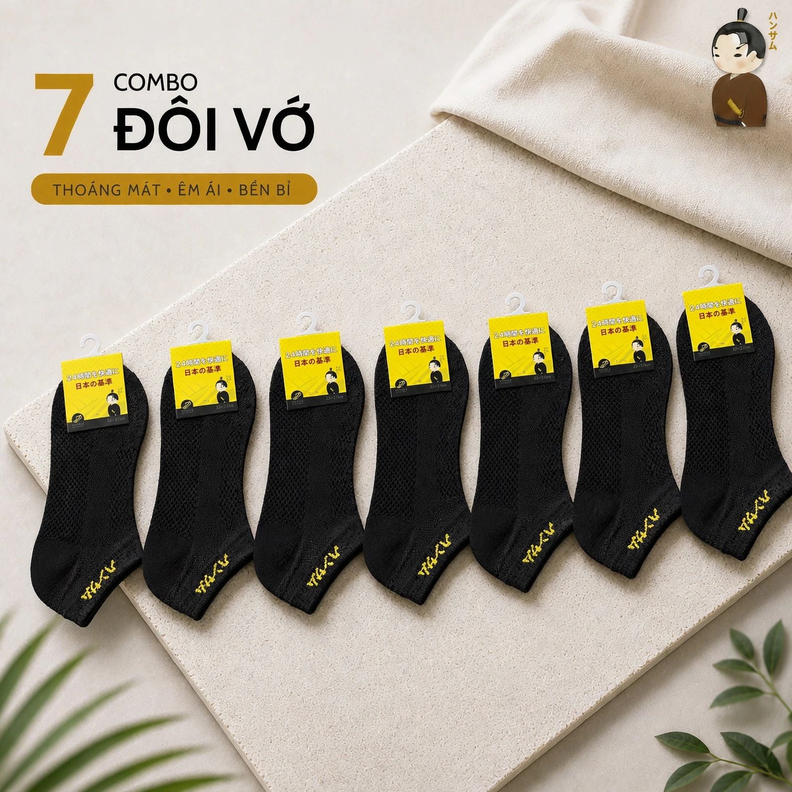  [Combo 7 đôi] Vớ Hansamu Shinobi active sock VNS01 Black 
