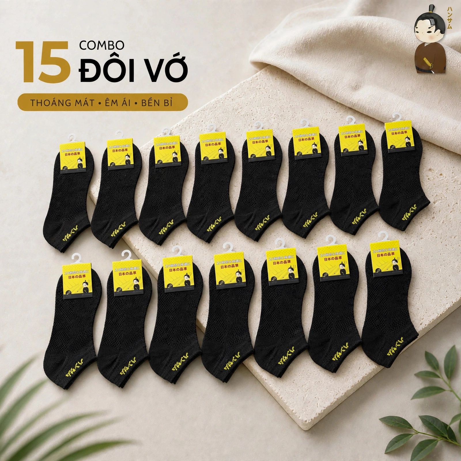  [Combo 15 đôi] Vớ Hansamu Shinobi active sock VNS01 Black 