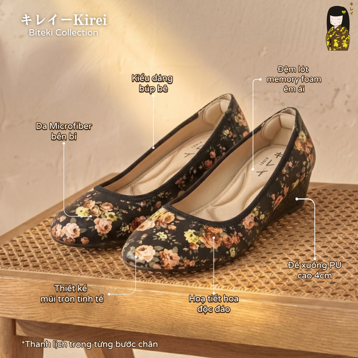  Giày búp bê nữ công sở đế xuồng Kirei Biteki HH23 màu đen 