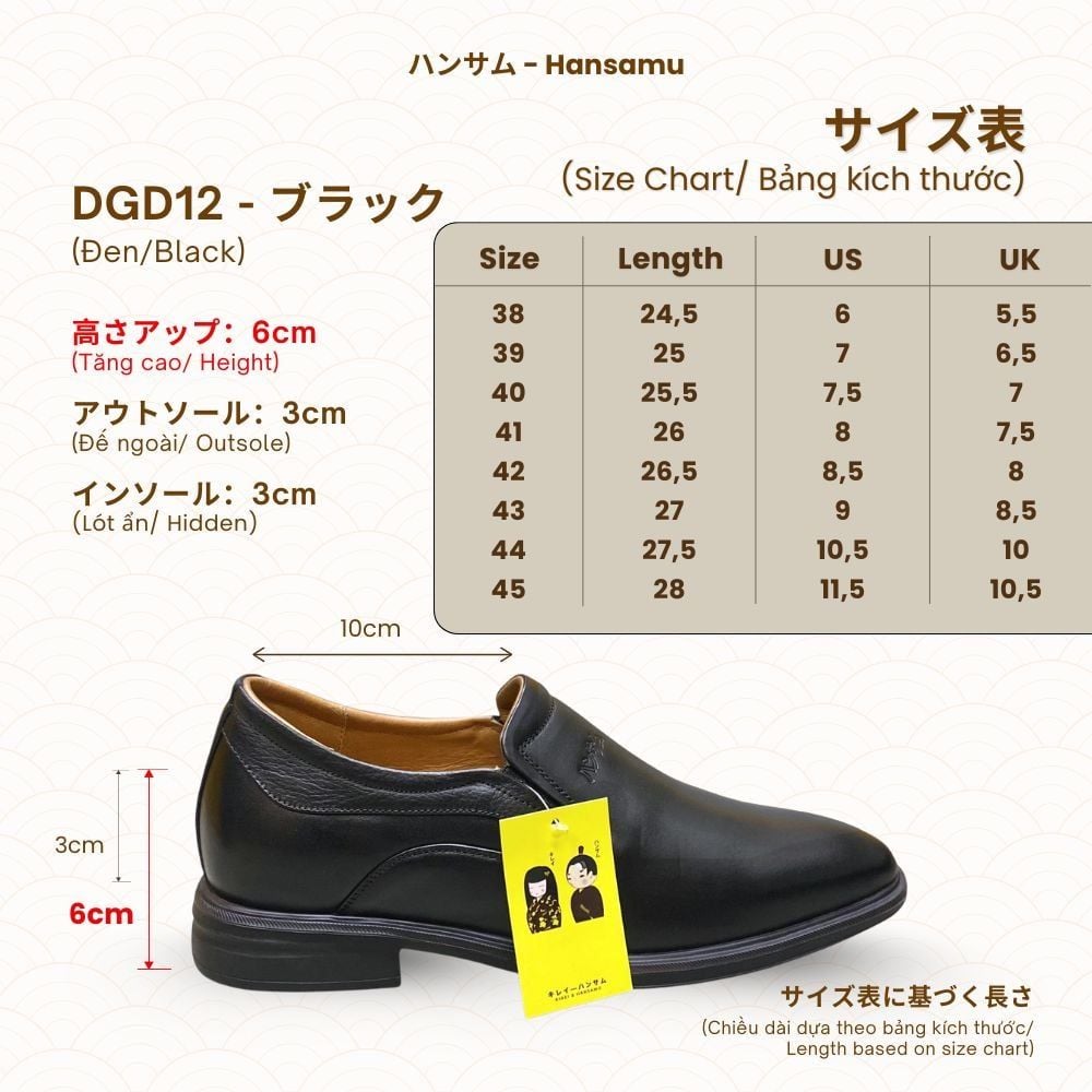  Giày lười tăng chiều cao nam Hansamu Shin DGD12 màu Đen 
