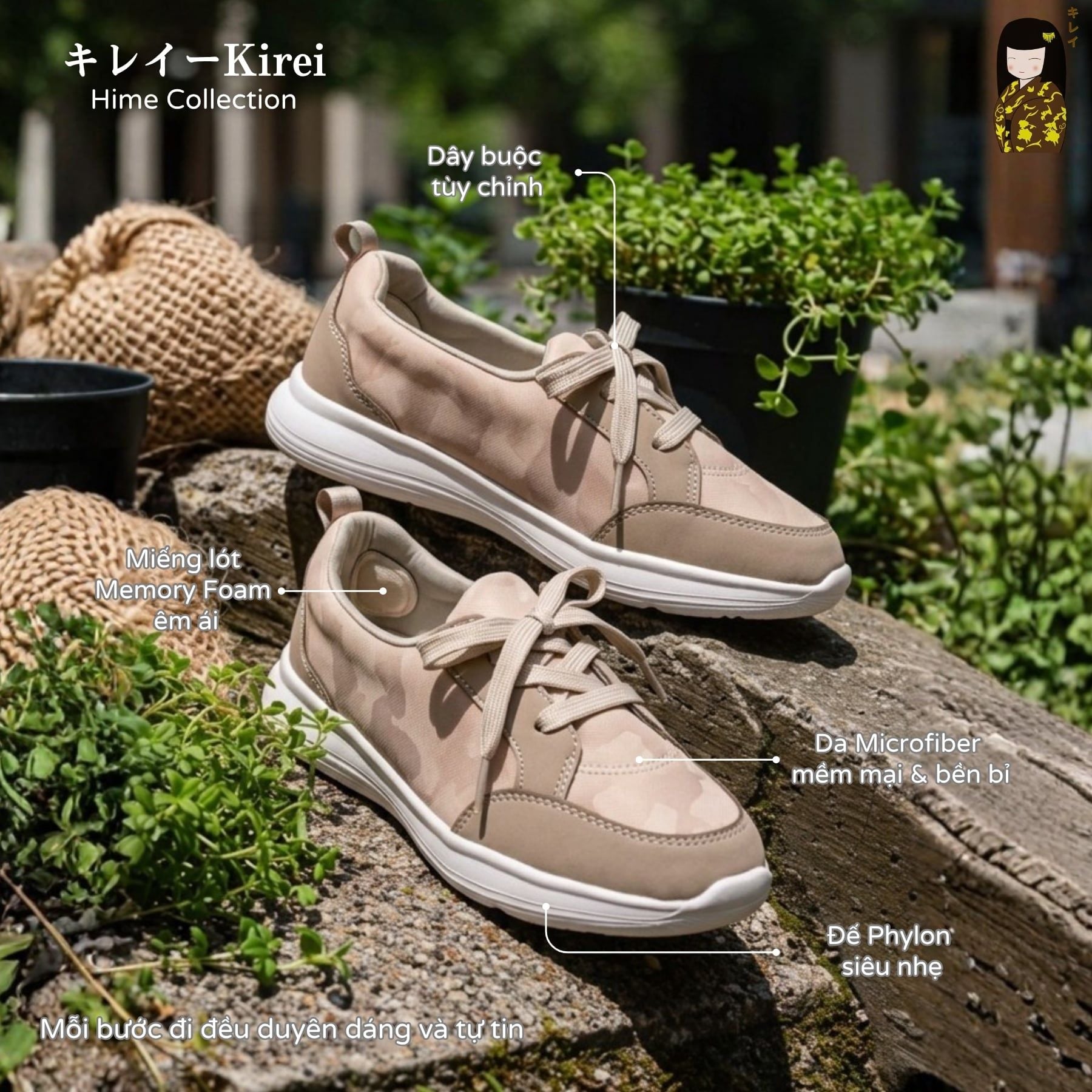  Giày đi bộ nữ Kirei Hime BG08 màu Be Camo 