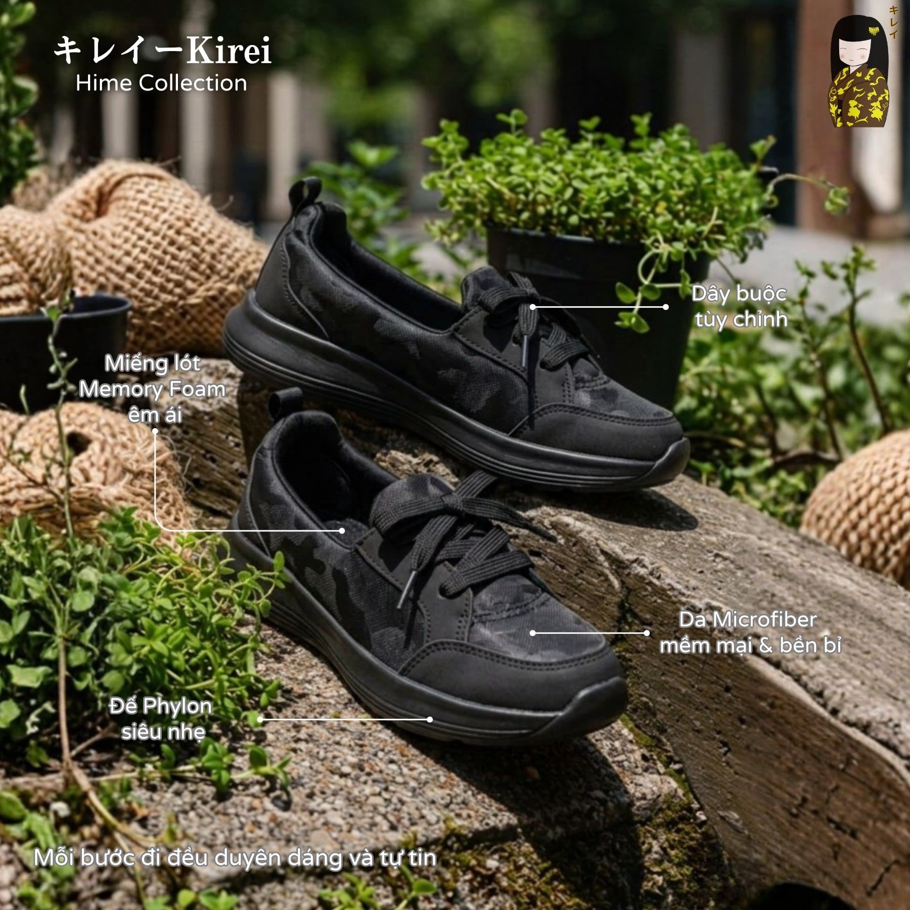 Giày đi bộ nữ Kirei Hime BG08 màu Đen Camo 
