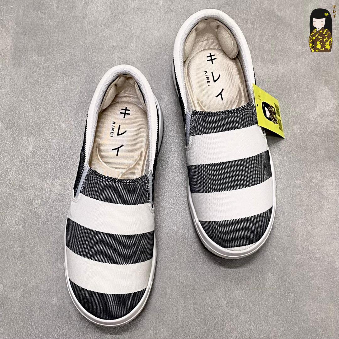  Giày Lười Thế Thao Nữ Kirei Nintai - Xám Trắng KH02 - Phong Cách Nhật - Giày Vải Canvas Họa Tiết Sọc Ngang Thoáng Khí - Siêu Êm Chân 