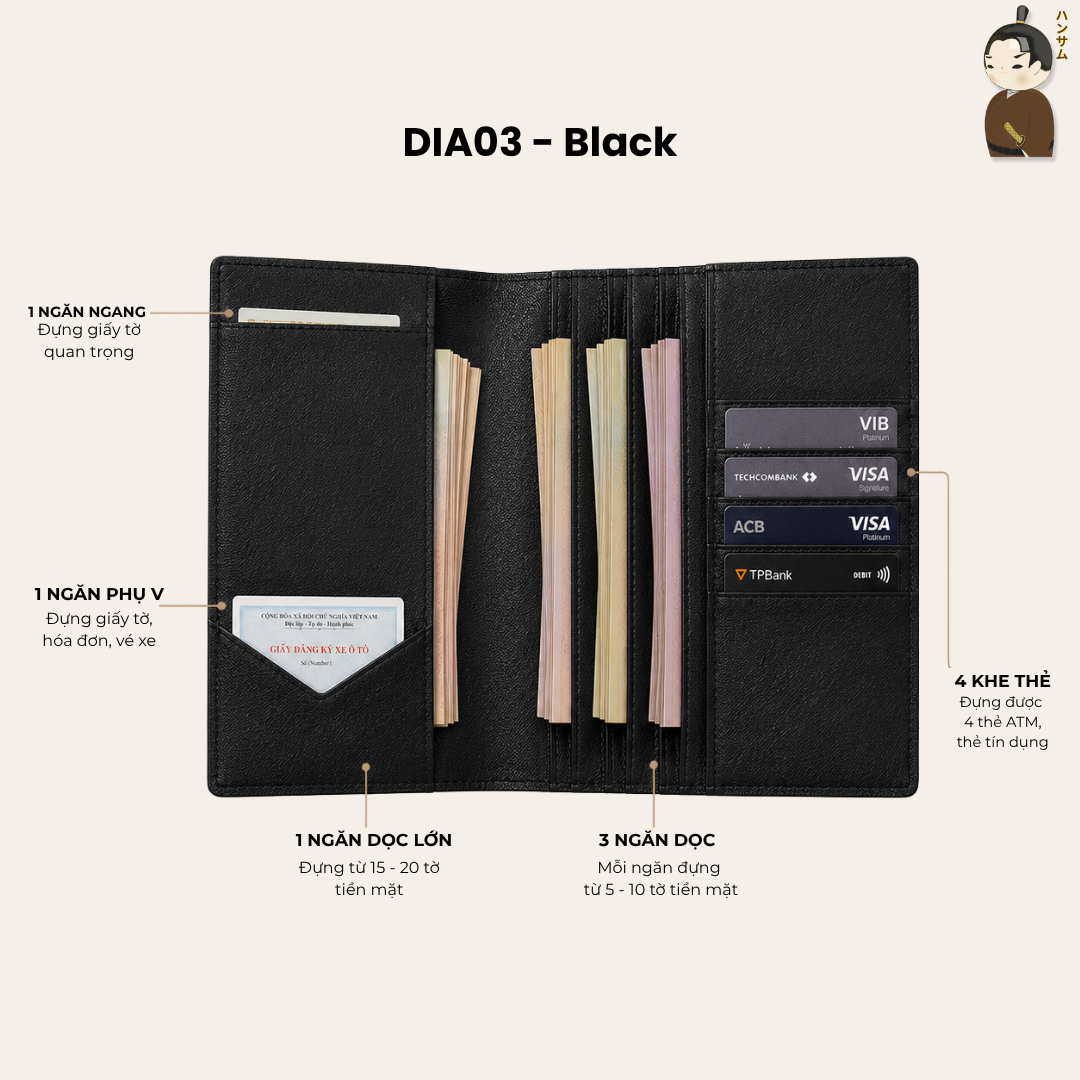  Hansamu En - Long Billfold Wallet DIA03 Black 