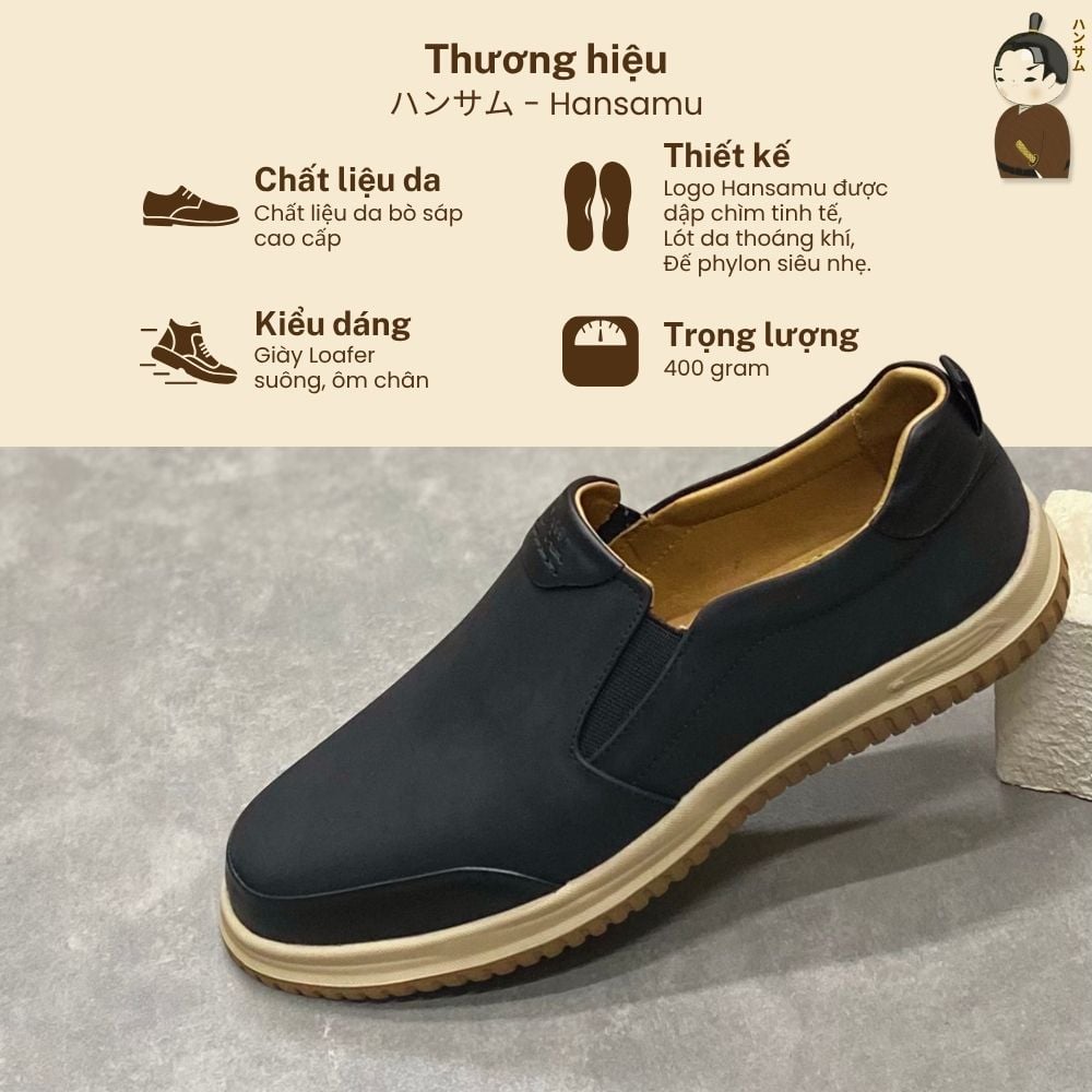  Giày lười Nam Hansamu Zen DGD08 màu Đen - Loafer công sở 