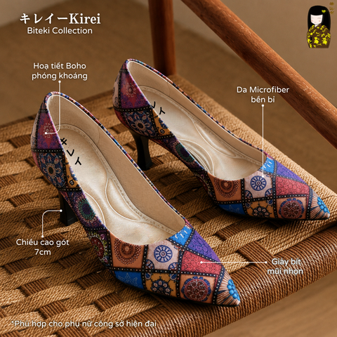 [Mới Về]Giày cao gót nữ công sở Kirei Biteki Boho HH19 màu Xanh Midnight