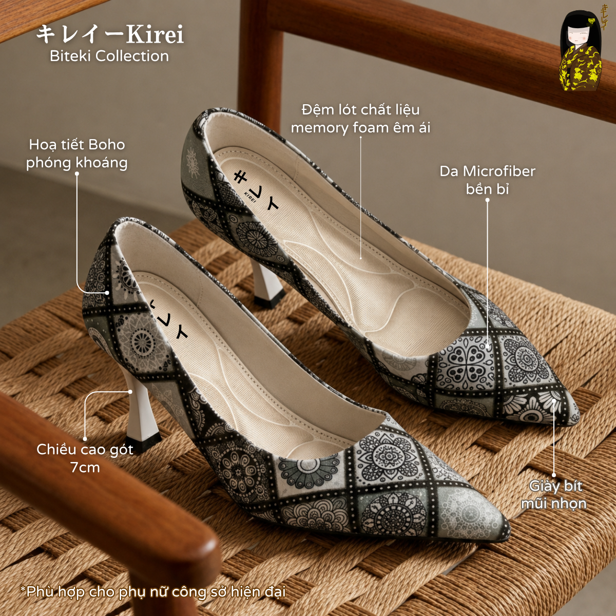  [Mới Về]Giày cao gót nữ công sở Kirei Biteki Boho HH19 màu Mono 