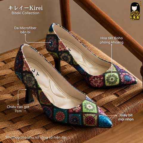 [Mới Về]Giày cao gót nữ công sở Kirei Biteki Boho HH19 màu Xanh Rêu Forest