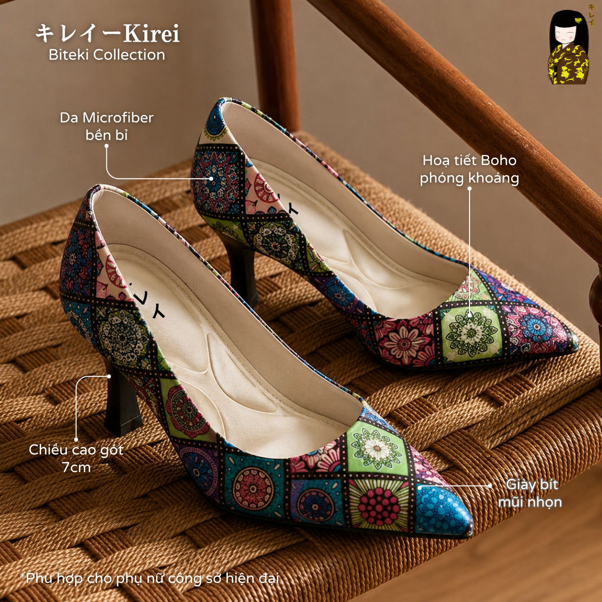 [Mới Về]Giày cao gót nữ công sở Kirei Biteki Boho HH19 màu Xanh Rêu Forest 