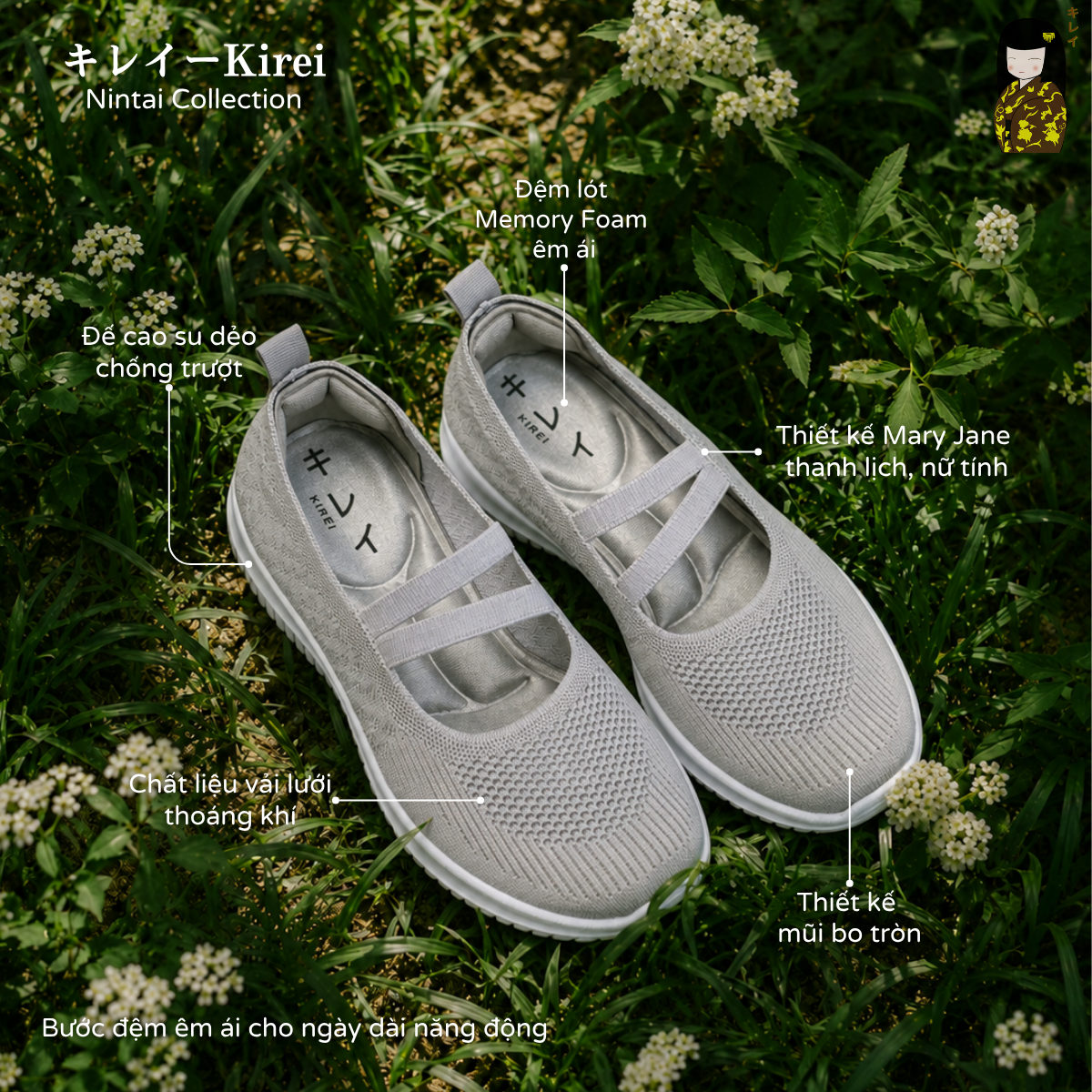  Giày búp bê nữ Kirei Nintai BG01 màu Xám - Slip On nữ đi bộ 