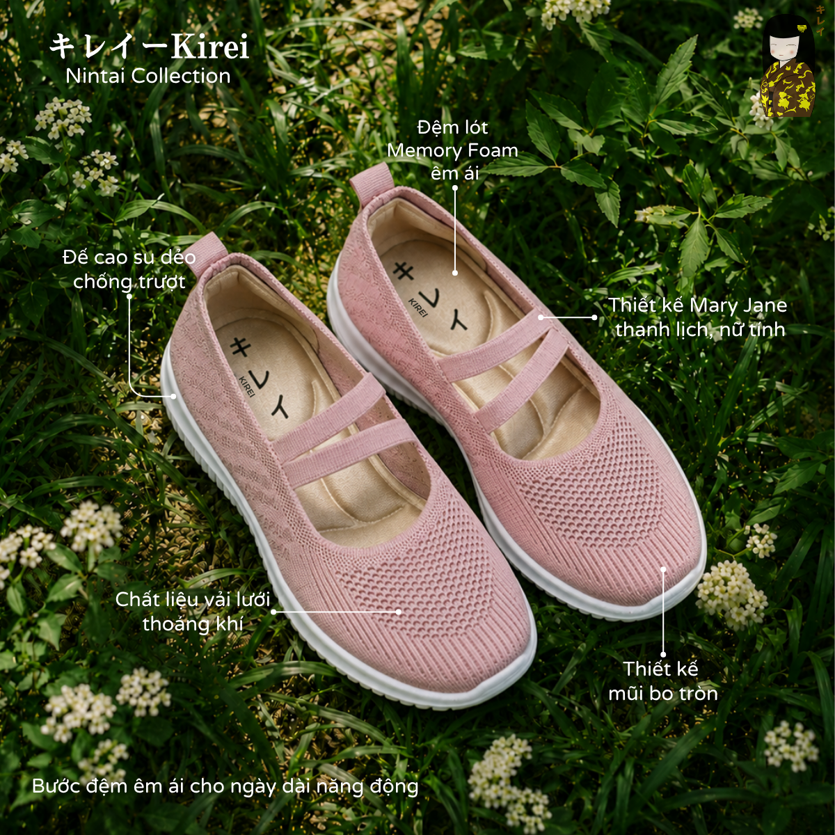  Giày búp bê nữ Kirei Nintai BG01 màu Hồng - Slip On nữ đi bộ 