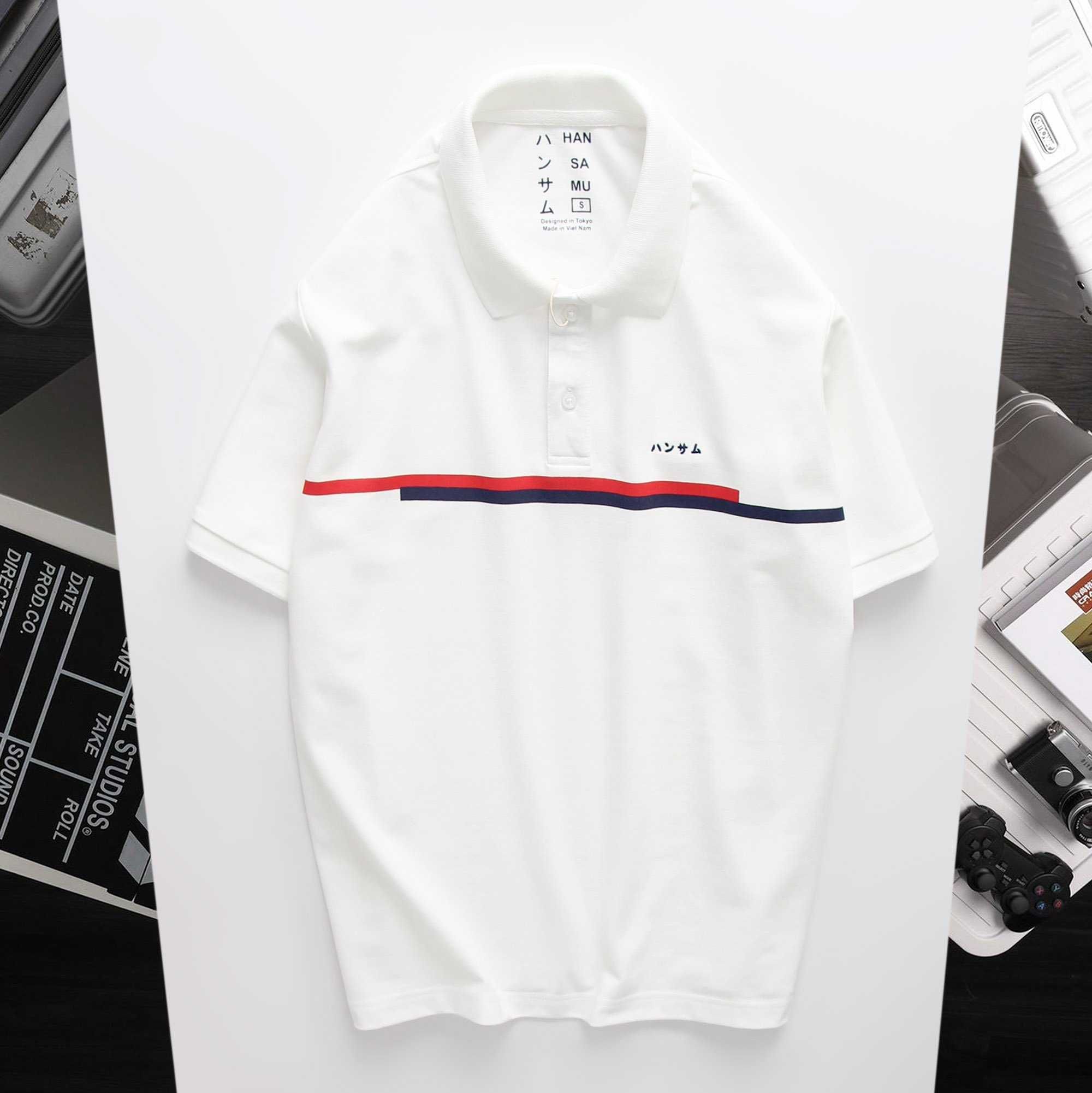  Áo thun tennis Hansamu 2 sọc JNT Trắng 