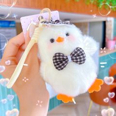 ** Móc khóa bông gà con trắng chân cam đội hoa đeo nơ dây thừng