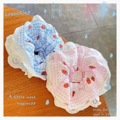 ** Scrunchies 4 lớp phối ren hình chấm bi dâu tây sọc hồng/xd
