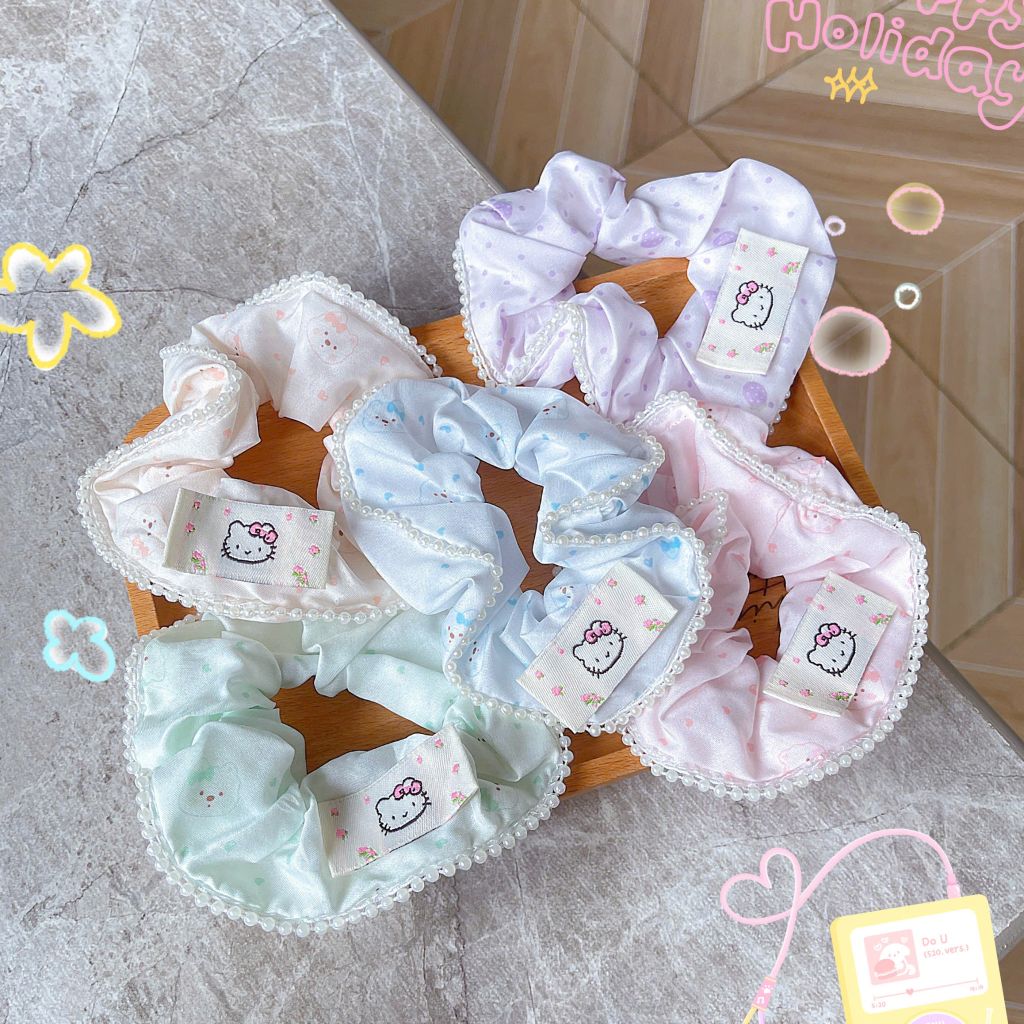 ** Scrunchies chấm bi viền ngọc trai nhí Happy Day hồng/tím/XD/XL