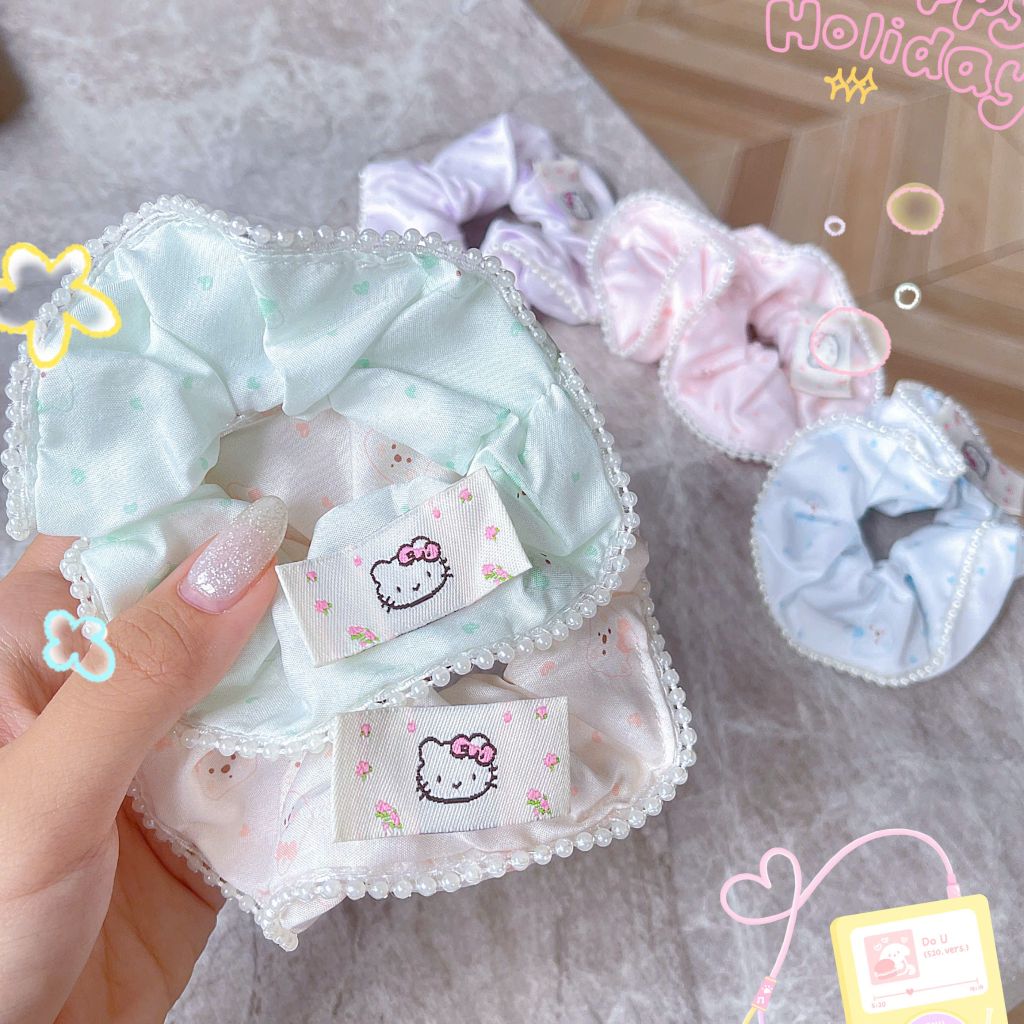 ** Scrunchies chấm bi viền ngọc trai nhí Happy Day hồng/tím/XD/XL