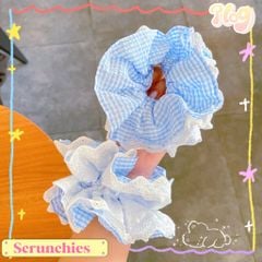 ** Scrunchies 4 lớp phối ren caro xanh dương
