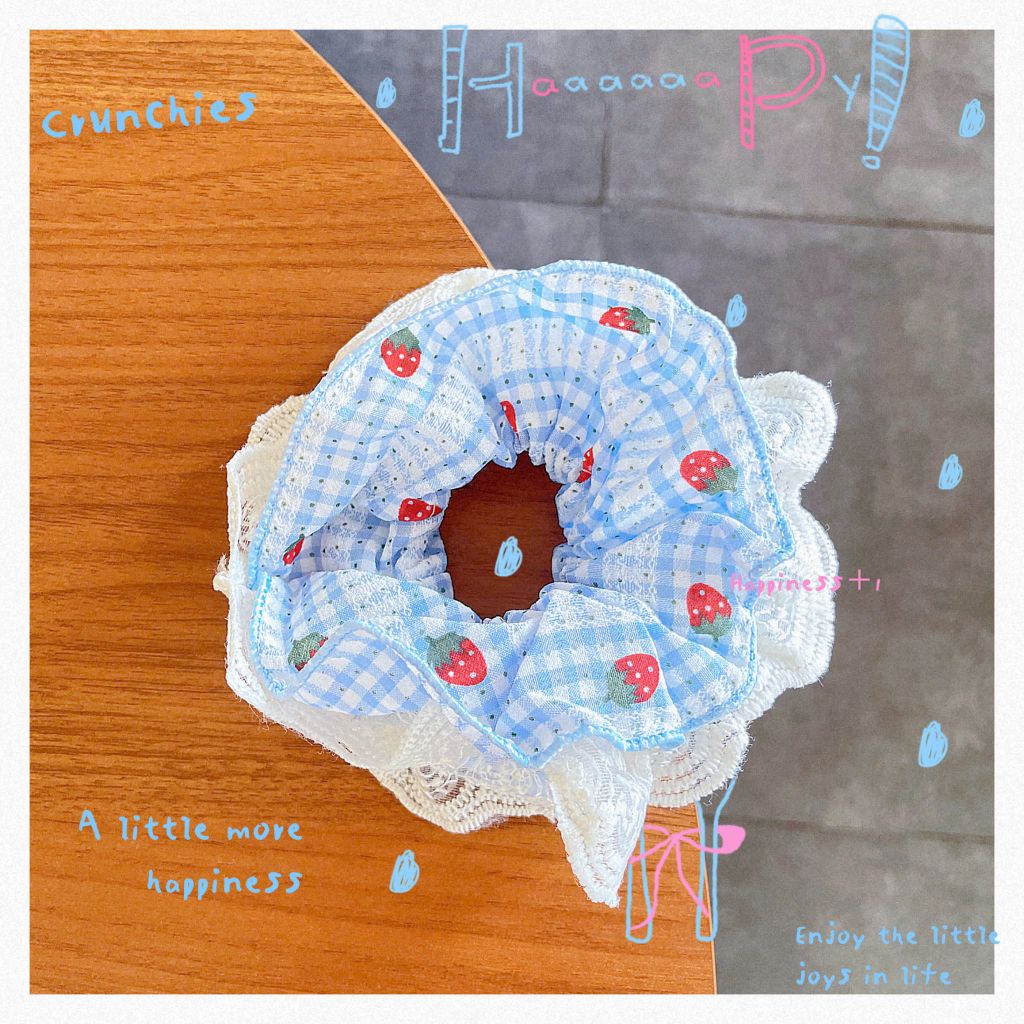 ** Scrunchies 4 lớp phối ren hình chấm bi dâu tây sọc hồng/xd