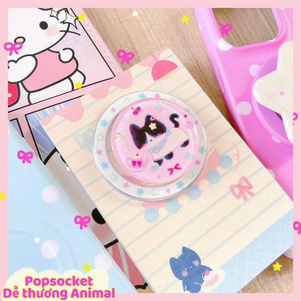 ** Popsocket từ tính mèo đen nền hồng