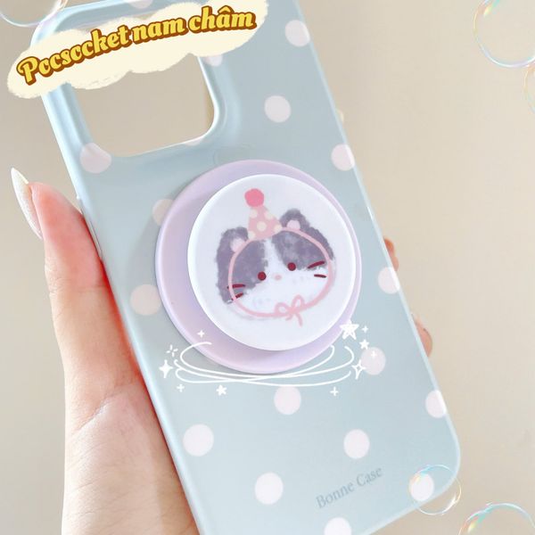 ** Popsocket từ tính tròn in mặt mèo đội mũ hồng chấm bi