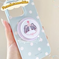 ** Popsocket từ tính tròn in mặt mèo đội mũ hồng chấm bi